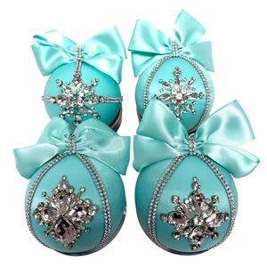 Handmade Elegant Turquoise Ornaments with Rhinestone Designs Set of 4 EUC